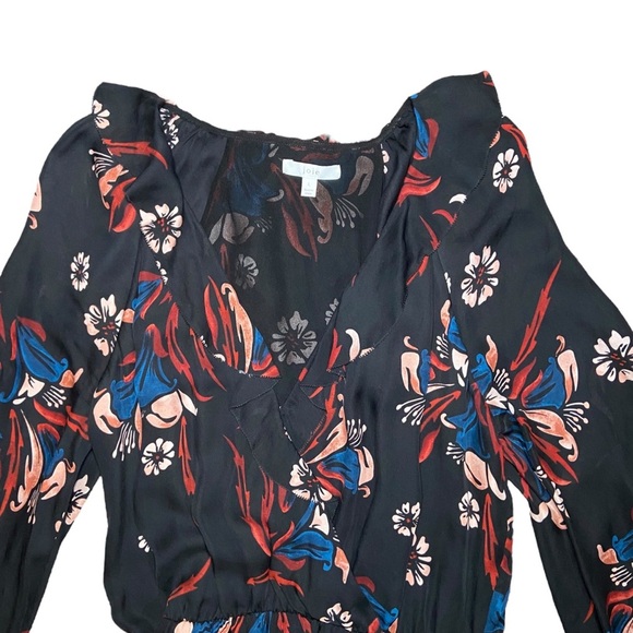 JOIE Silk Mini Dress Long Sleeve V-Neck Layered Ruffle Skirt Large Black Floral - Picture 5 of 5